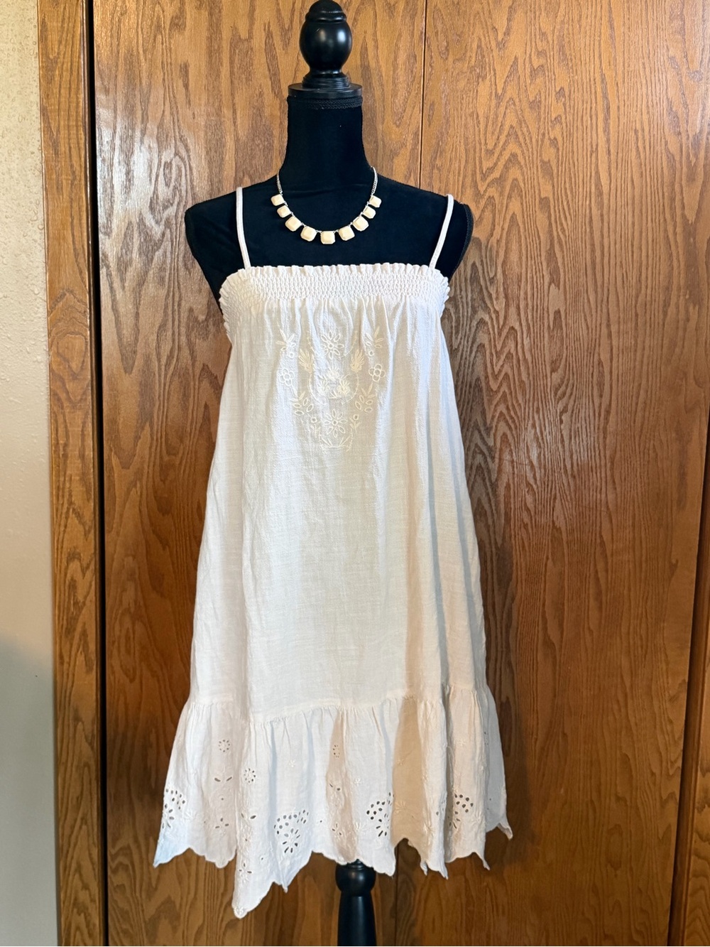 ANA A New Approach Womens Dress XS Ivory Cotton Embroidered Eyelet Smocked Slip